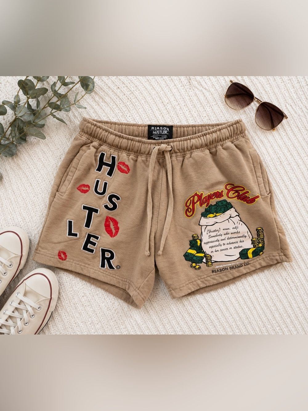 Reason Hustler Players Club Graphic Sweat Shorts Tan Size M Limited Edition